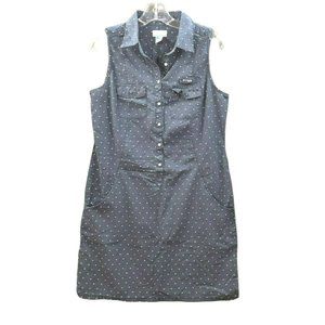 Columbia Super Bonehead Performance Fishing Gear Shift Dress Navy Blue Polka Dot